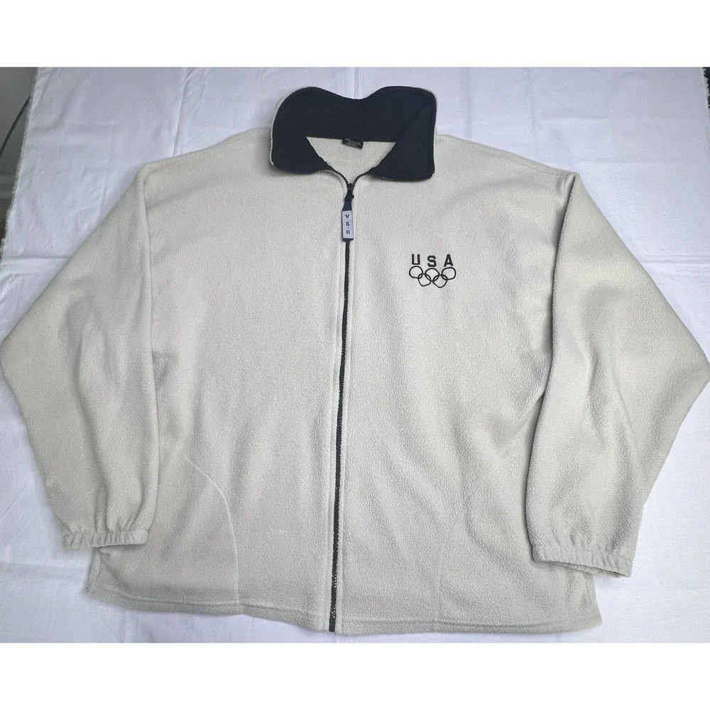 USA Olympics Fleece Jacket Adult Large Beige‎ Logo Made in USA XXLarge